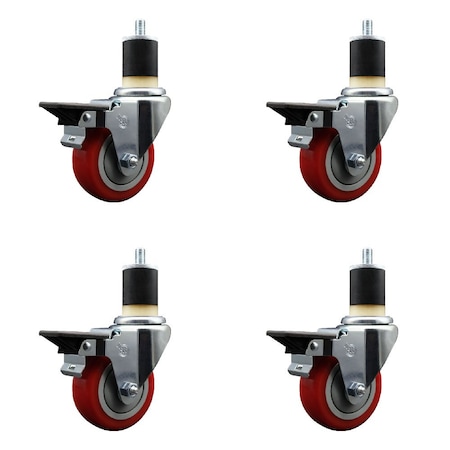 Service Caster 3.5'' Red Poly Swivel 1-7/8'' Expanding Stem Caster Set with Brake, 4PK SCC-EX20S3514-PPUB-RED-PLB-178-4